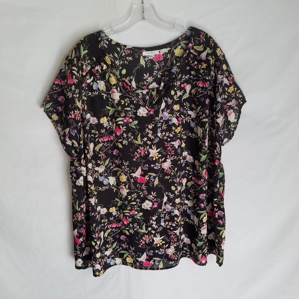Pleione Women's 1X Floral Semi-Sheer Chiffon Blouse Top
